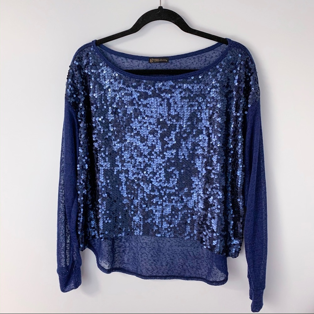 Grass Collection Navy Blue Sequin Crop Sweater XL